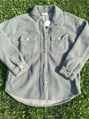 Cozy Plush Sherpa Button-Up Shirt Jacket in Light Sage
